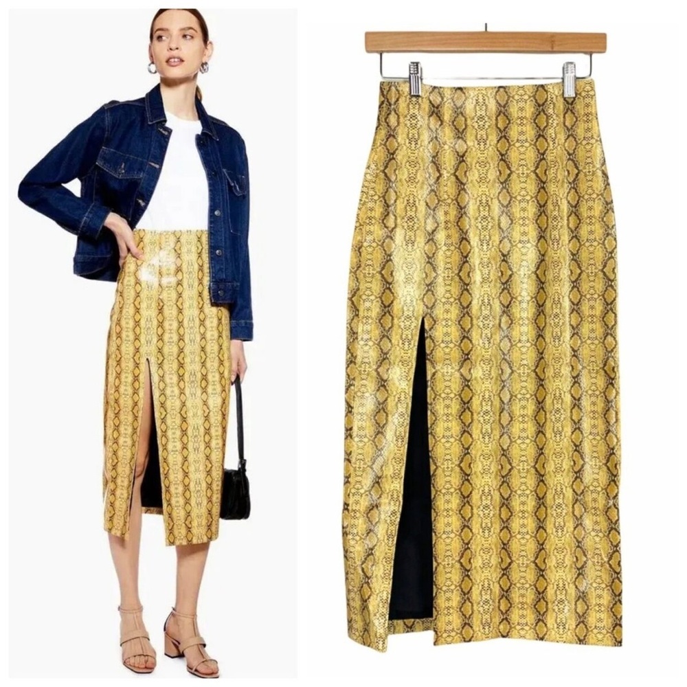 NWOT Top Shop Yellow Snake Faux Midi Skirt